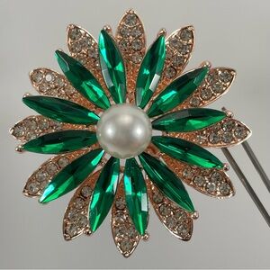 Rose Gold Tone Green White Rhinestone Faux Pearl Flower Brooch Pin Statement